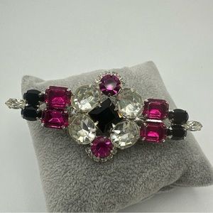 Vintage Large Harlequin Brooch with Black and Pink Rhinestones #671
